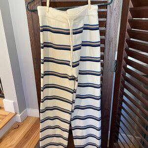 Striped Knit Wide Leg Pants Cream Blue Orange Drawstring Lounge S